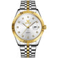 Two-tone men’s quartz watch with white dial, gold bezel, diamond markers, silver link strap