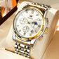 Men's multifunction quartz wristwatch with white dial and gold-accented metal bracelet