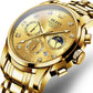 Gold-toned multifunction quartz watch close-up with three subdials and 24-hour display