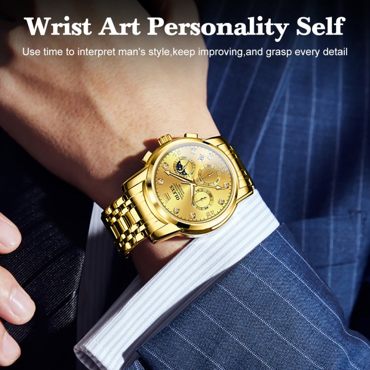 Gold multifunction quartz watch on wrist with three subdials and 24-hour display