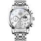 Men's silver-tone multifunction quartz watch with three subdials, 24-hour display, and date window