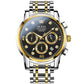Men's multifunction luminous waterproof quartz watch with dark dial and gold-accent bracelet