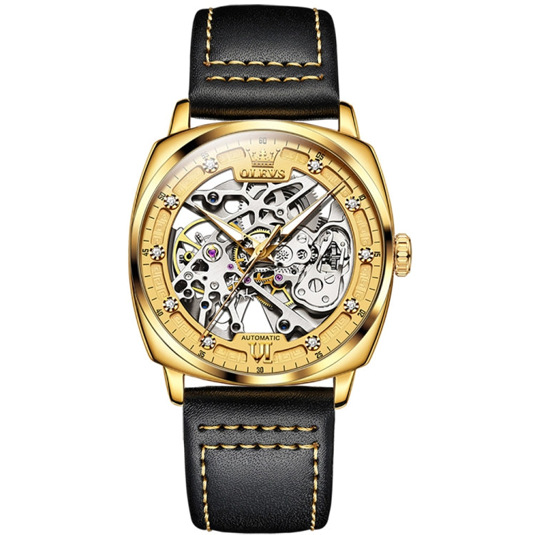 Men's gold hollow mechanical watch with black leather strap and skeleton dial