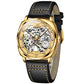 Men's gold hollow mechanical watch on black leather strap, side view with crown