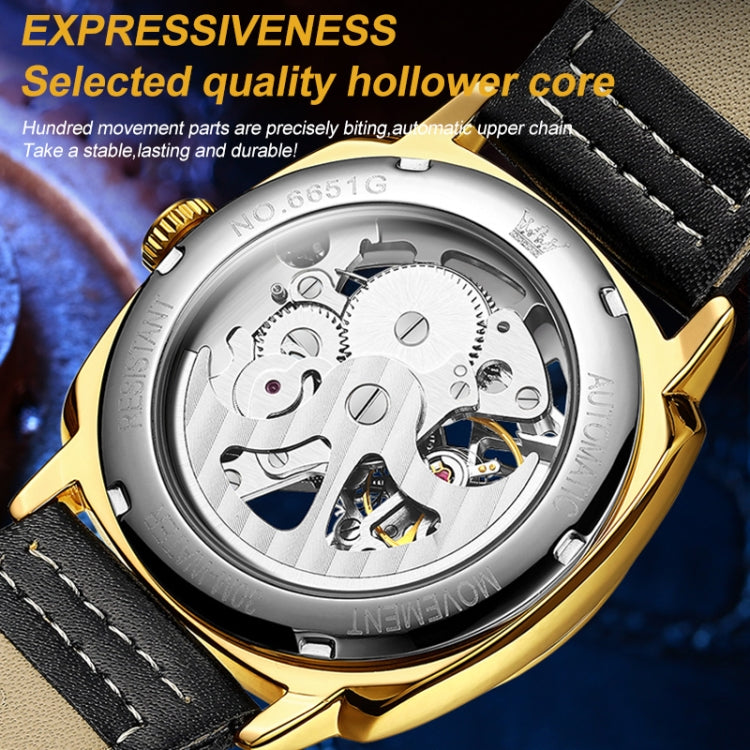 Men's hollow mechanical watch back case with black leather strap and gold rim