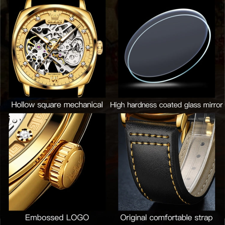 Men's hollow mechanical watch with gold case, black strap, and glass mirror close-ups