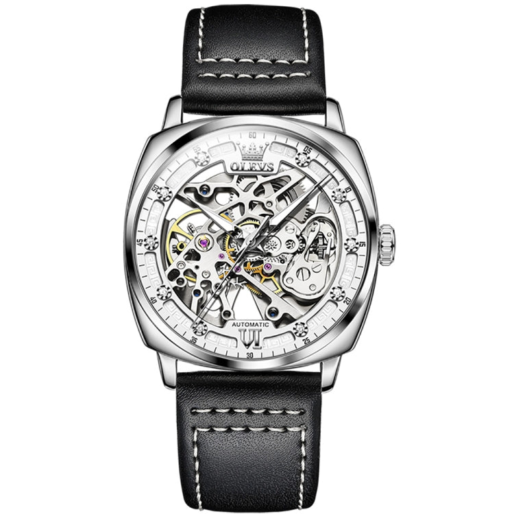 Men's luminous mechanical watch with skeleton dial and black leather strap