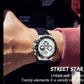 Men's multifunction sports chronograph quartz watch on wrist, white dial, black silicone strap