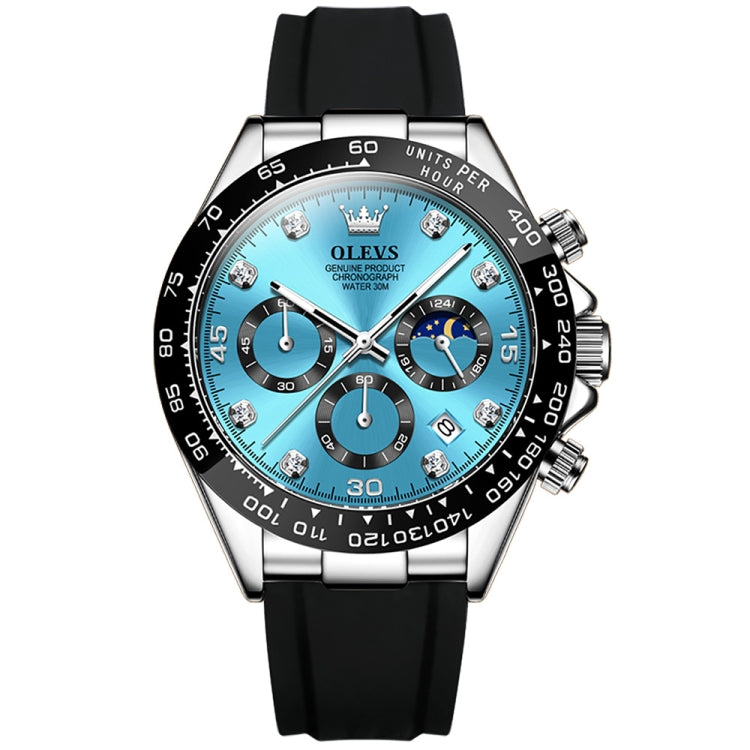 Multifunction sports chronograph quartz watch with blue dial, metal bezel and black strap