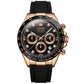 Multifunction sports chronograph quartz watch with rose-gold case, brown dial and black strap