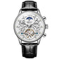 White skeleton dial mechanical watch with black leather strap and silver-toned case