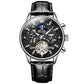 Black skeleton dial mechanical watch with black leather strap and silver-toned case