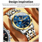 Polished two-tone quartz watch with blue dial, gold bezel, and stainless bracelet