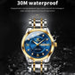 Front view quartz watch with blue dial, gold bezel, and two-tone stainless link bracelet