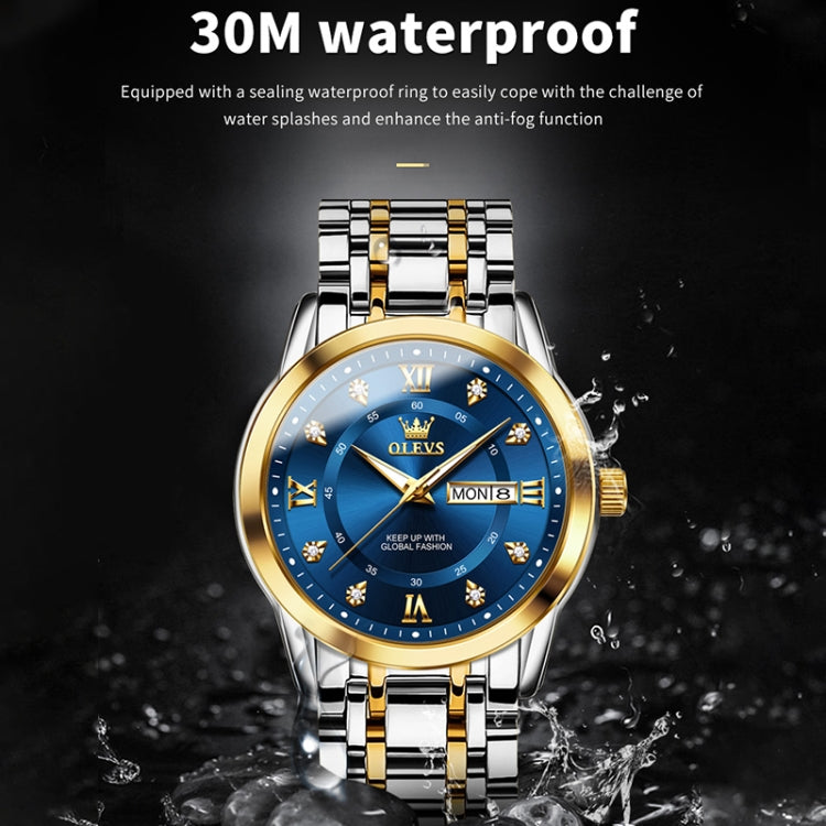 Front view quartz watch with blue dial, gold bezel, and two-tone stainless link bracelet
