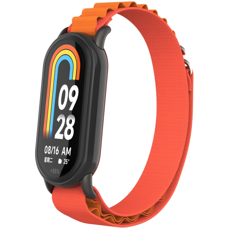 Metal plug loop nylon watch band with orange strap and black watch case
