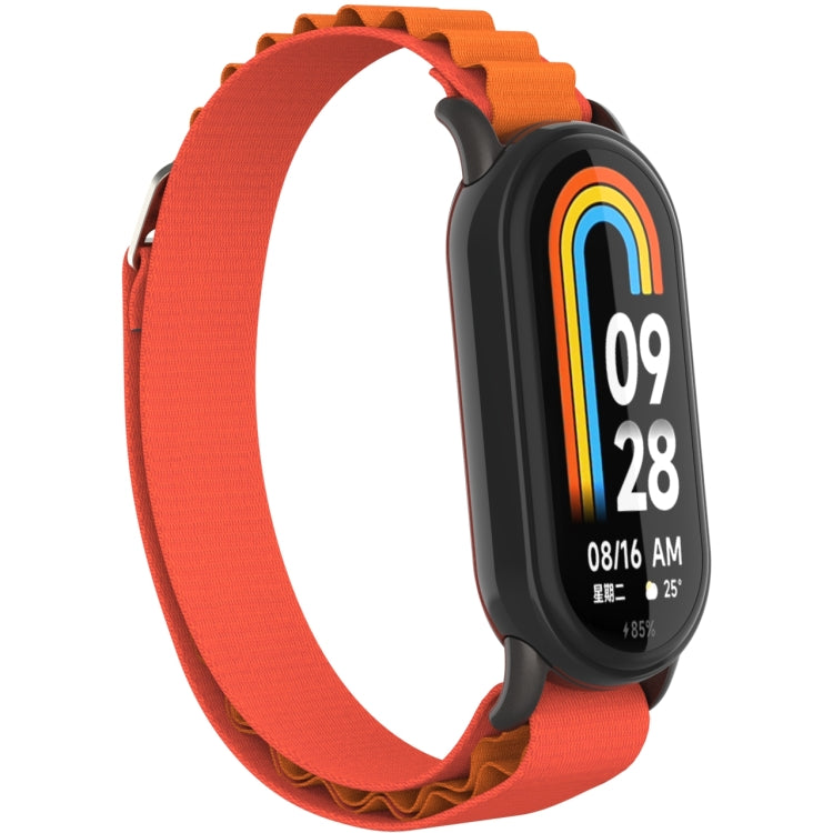 Metal plug loop nylon watch band with orange strap, side view on black case