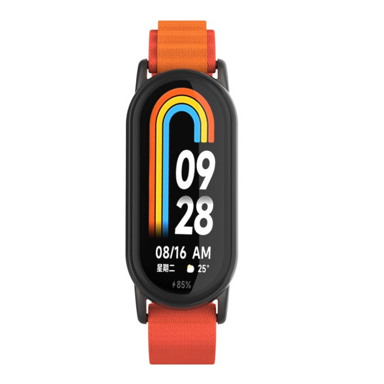 Metal plug loop nylon watch band with orange strap and black watch front