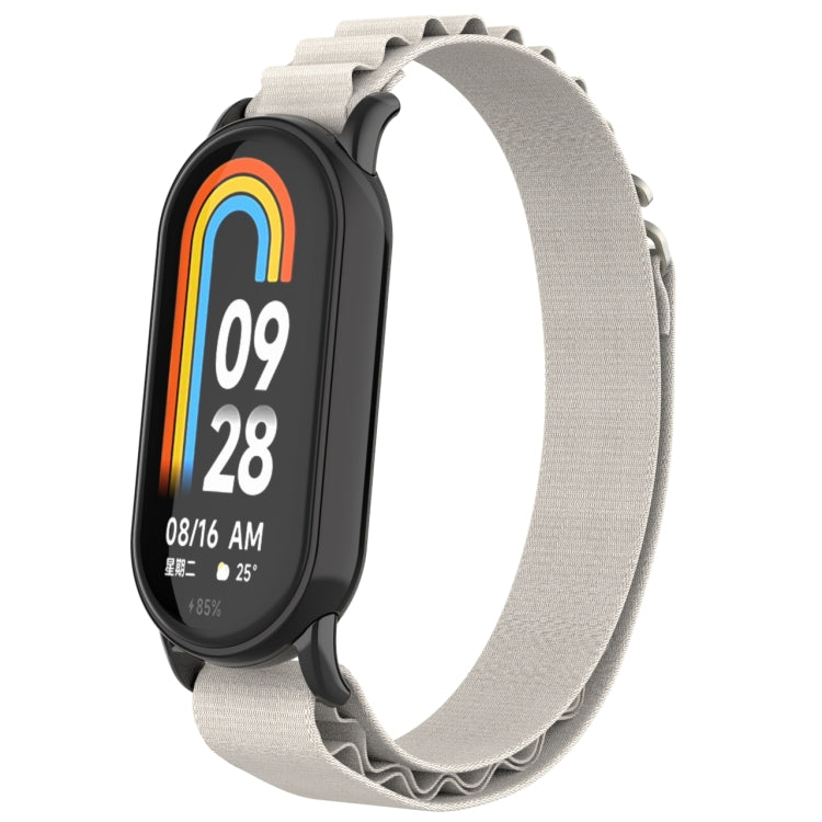 Metal plug loop nylon watch band with light gray strap and black watch front