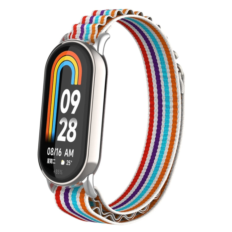 Colorful rainbow nylon loop watch band with metal plug clasps and silver links
