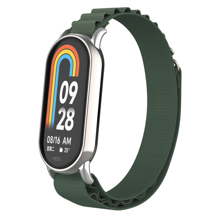 Dark green nylon loop watch band with metal plug clasps and silver links
