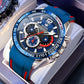 Blue multifunction sports quartz chronograph watch with red detail accents and silver case