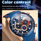 Blue sports quartz chronograph watch with tan dial accents, rose-gold case, red seconds detail