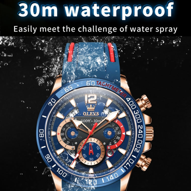 Men's sports quartz watch with blue dial, rose-gold accents, red subdials, waterproof design