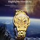 Gold-tone OLEVS skeleton quartz watch, round face with openwork dial and metal bracelet