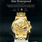 Gold-tone OLEVS multifunction quartz watch with metal link bracelet, round openwork dial