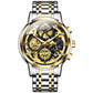 Two-tone men's quartz watch with black dial, gold bezel, metal link bracelet