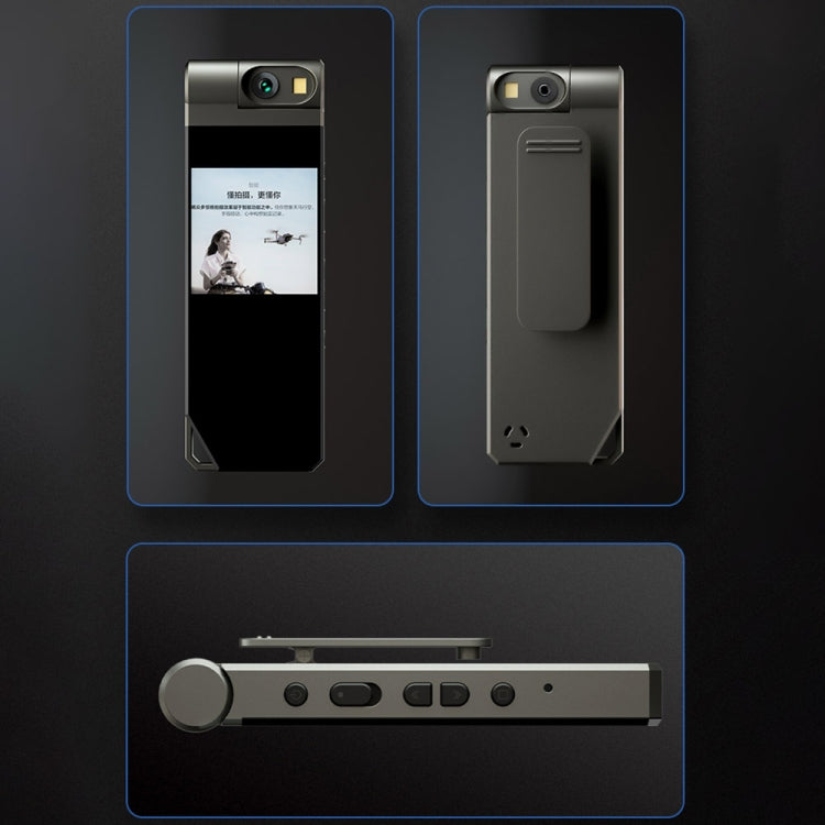 Mini camera recorder pen shown front, back, and side views in dark gray