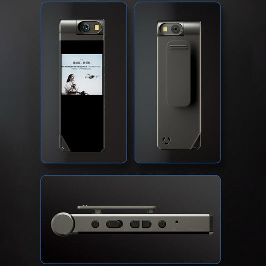 Mini camera recorder pen shown front, back, and side views in dark gray