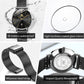 Round black dial quartz watch with mesh steel strap and visible case back details