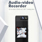 iDV portable mini audio-video recorder, front view with lit LCD screen