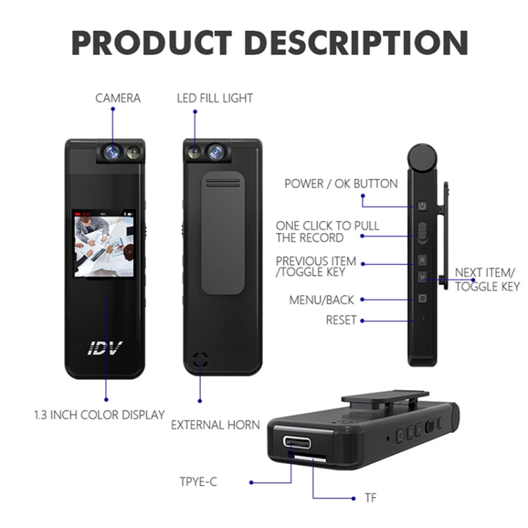 iDV portable mini audio-video recorder diagram showing buttons, Type-C and TF slots