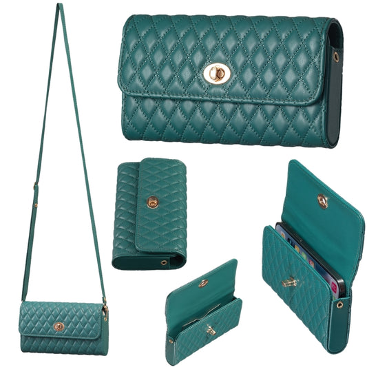 Teal quilted crossbody wallet bag, front flap with gold clasp
