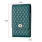 Teal quilted PU vertical phone wallet with magnetic flap and gold-tone clasp, size shown