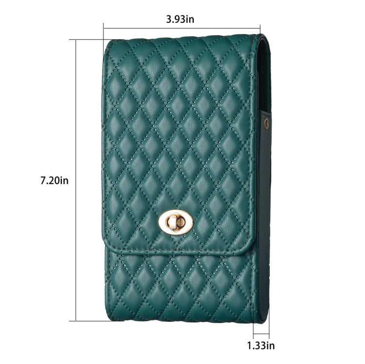 Teal quilted PU vertical phone wallet with magnetic flap and gold-tone clasp, size shown