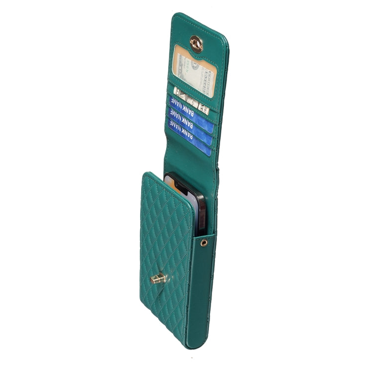 Teal quilted PU phone wallet crossbody with card slots and front flap, side view