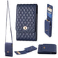 Quilted dark blue PU crossbody phone wallet with flap and gold-tone clasp, adjustable strap