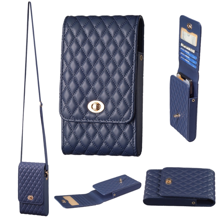 Quilted dark blue PU crossbody phone wallet with flap and gold-tone clasp, adjustable strap