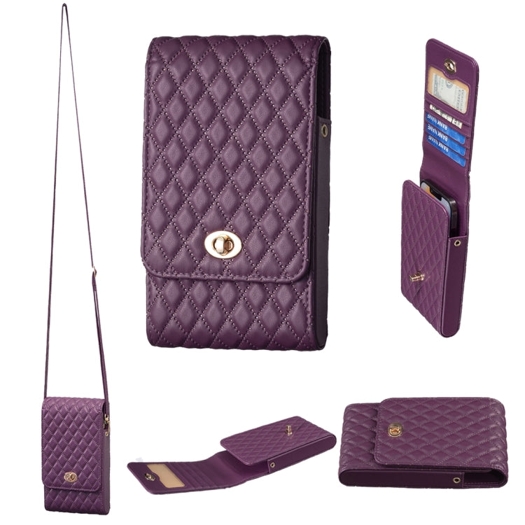 Quilted dark purple PU crossbody phone wallet with flap and gold-tone clasp, adjustable strap