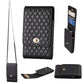 Quilted black PU crossbody phone wallet with flap and gold-tone clasp, adjustable strap