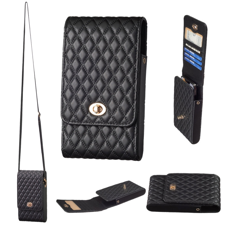Quilted black PU crossbody phone wallet with flap and gold-tone clasp, adjustable strap