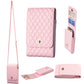 Quilted pink PU crossbody phone bag with vertical flap and card slots, long strap