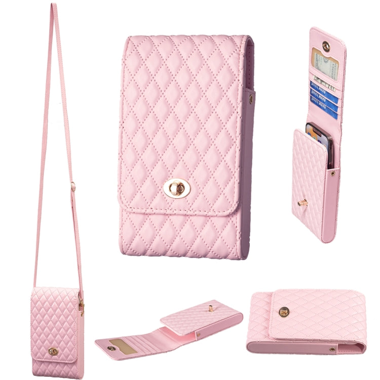 Quilted pink PU crossbody phone bag with vertical flap and card slots, long strap