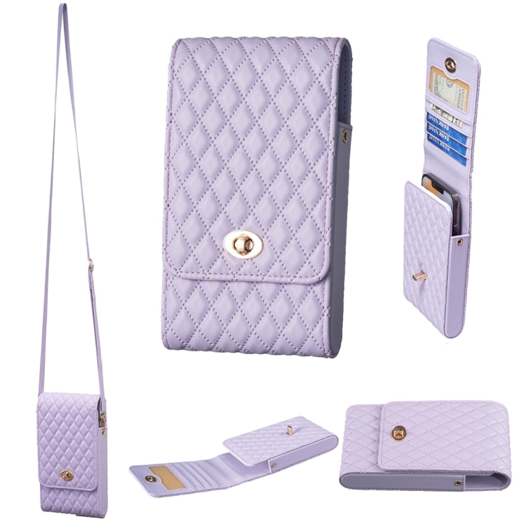 Quilted purple PU crossbody phone bag with vertical flap and card slots, long strap