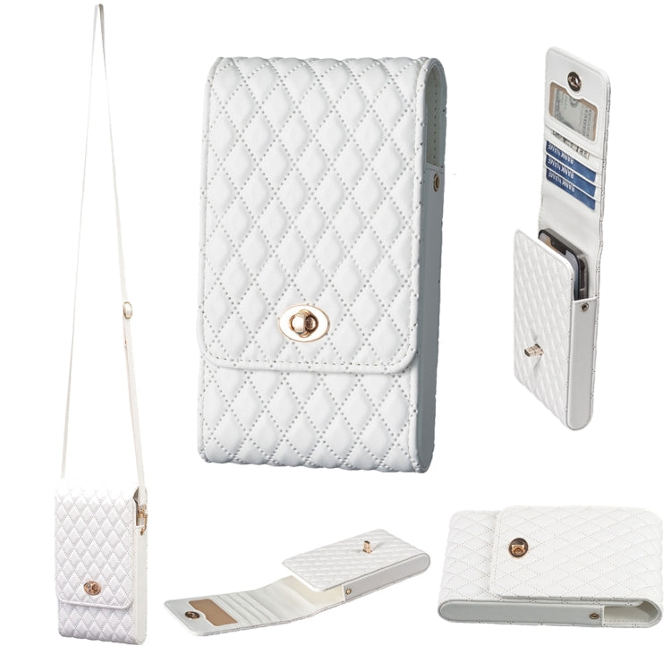Quilted white PU crossbody phone bag with vertical flap and card slots, long strap