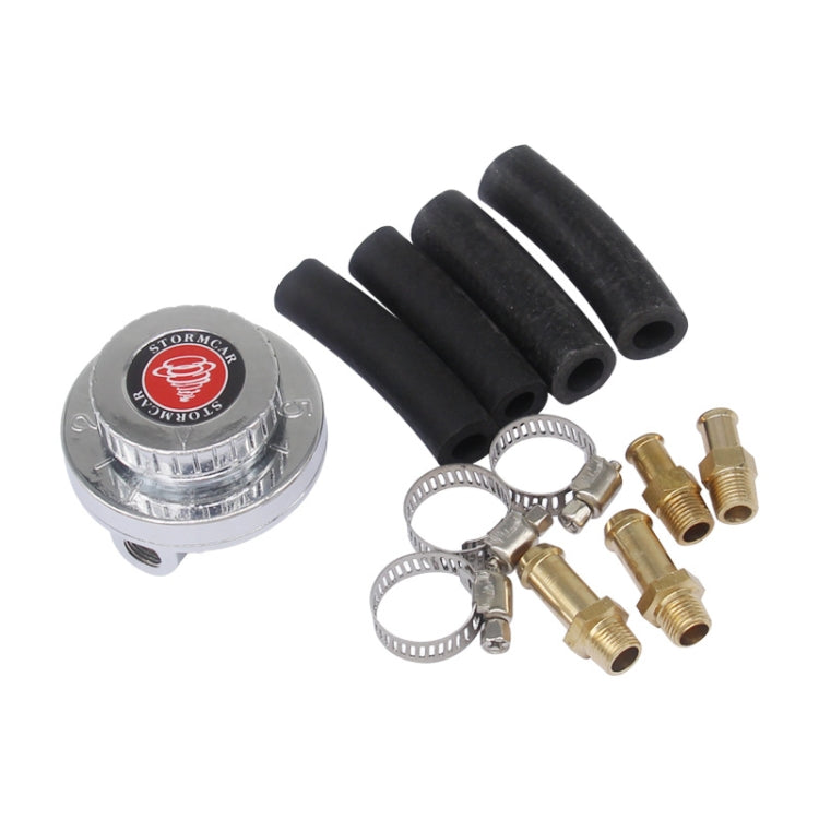 Manual adjustable fuel pressure regulator valve with black hoses, clamps, and fittings